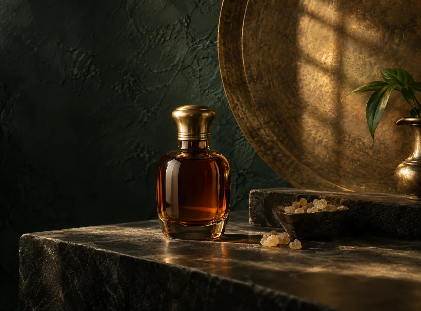 An unlabelled amber attar bottle with brass, incense resin and dark stone