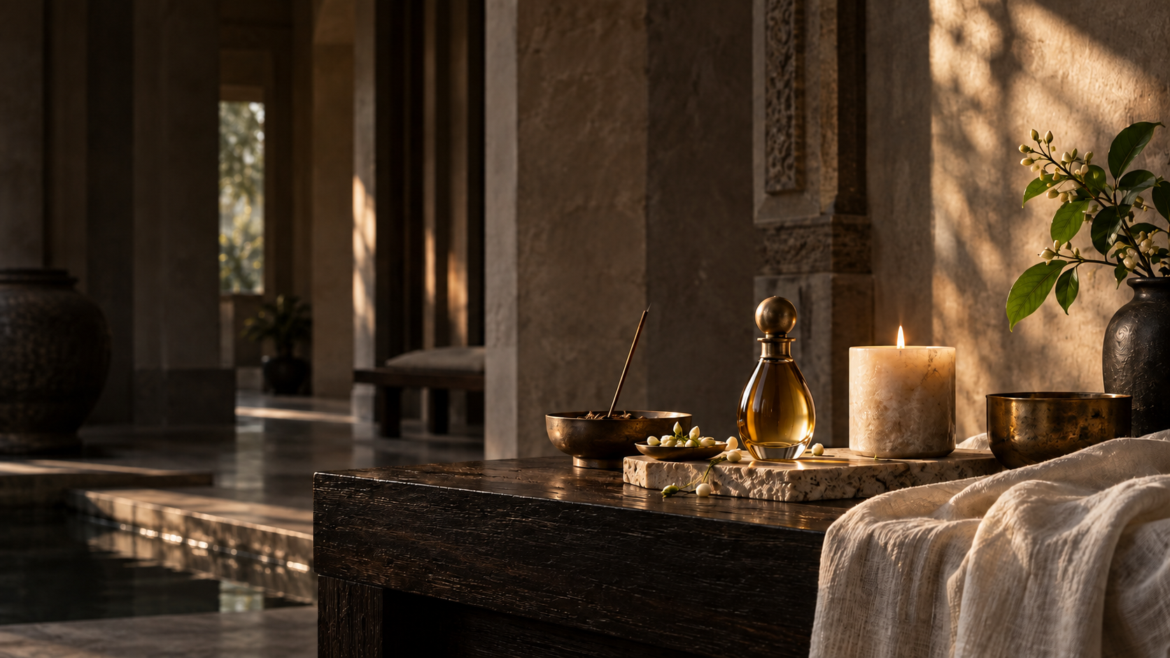 Attar, candle and incense arranged in a sunlit stone ritual room