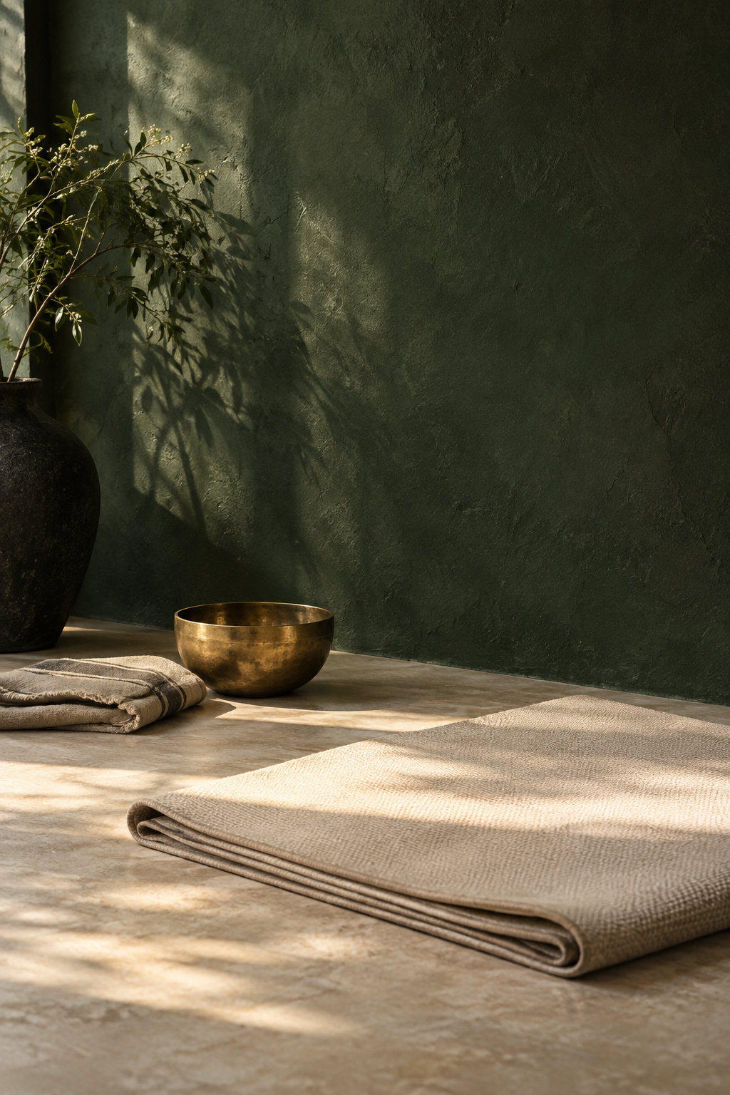 Natural practice textiles and a brass bowl in morning light